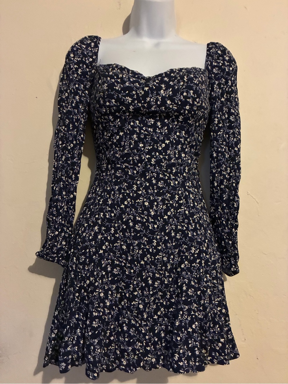 Reformation Navy Floral Square-Neck Long Sleeve Mini Dress